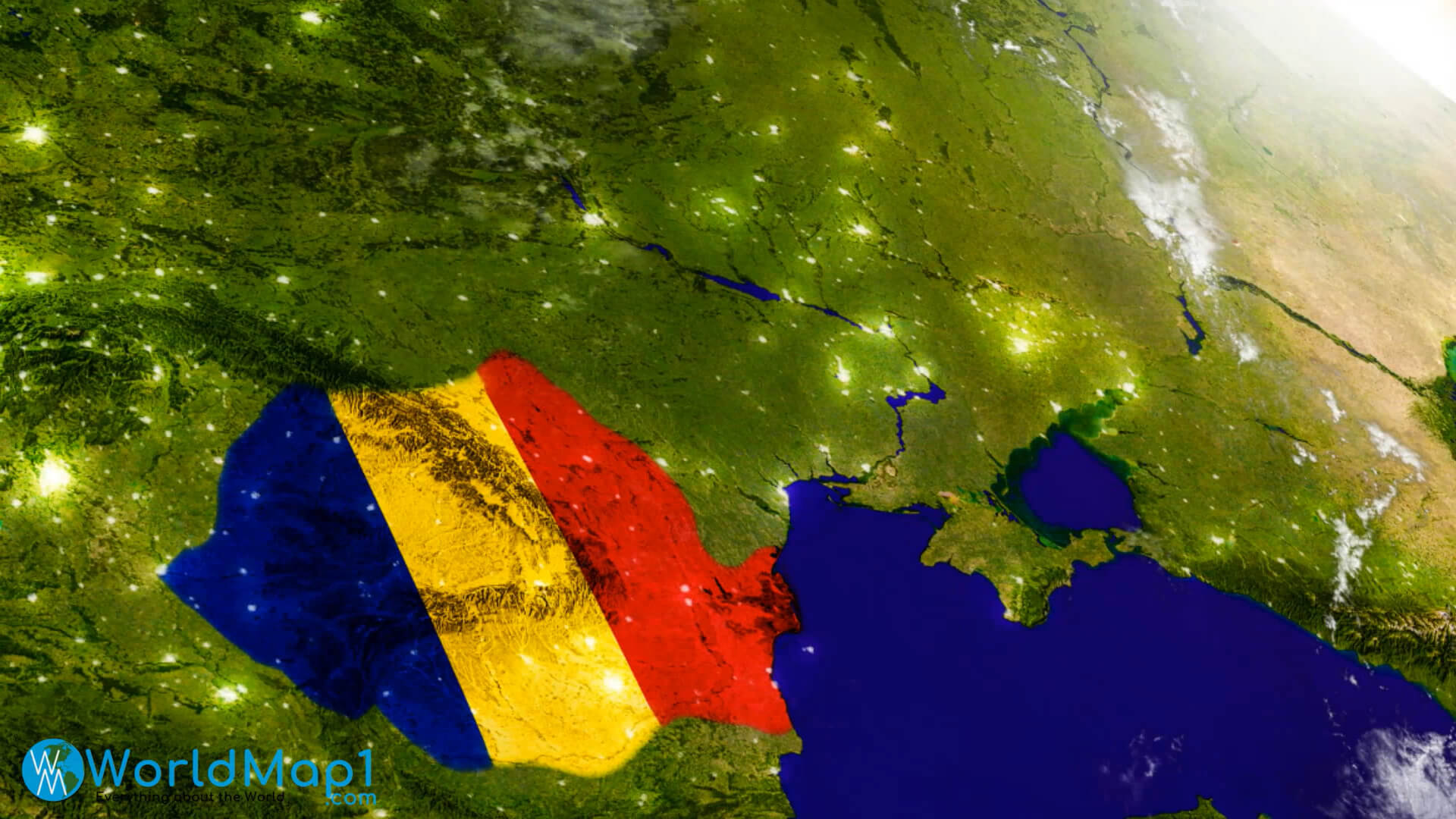 Carte Satellite de la Roumanie avec drapeau national